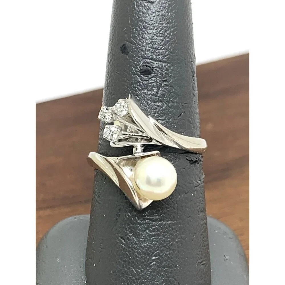 White Pearl 7mm Diamond Cocktail Ring 14k White Gold Estate Women's Size 8.25
